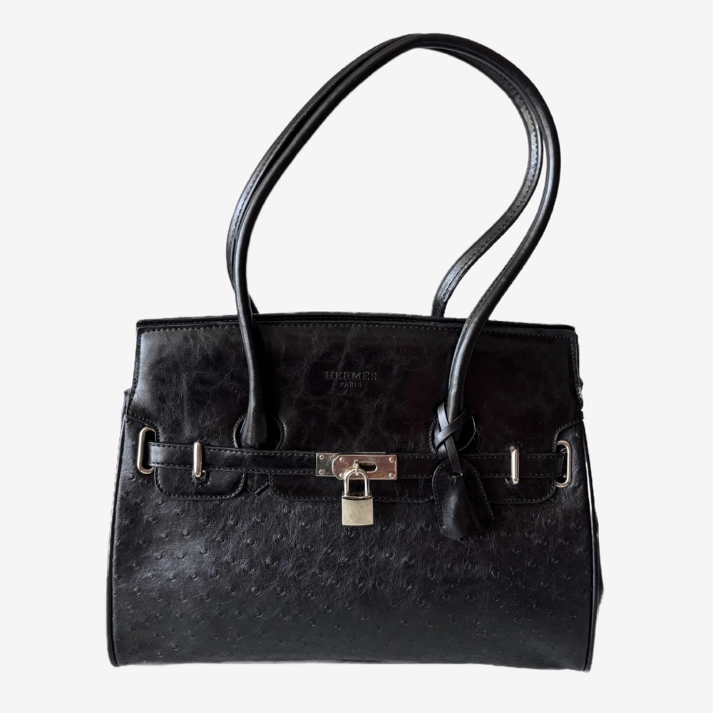 Women’s Black Textured Leather Large Shoulder Bag with Silvertone Accents